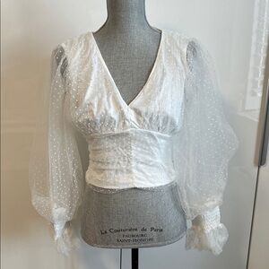 NWOT Elegant White Sheer Chiffon Deep V Puff Sleeve Top, Size M